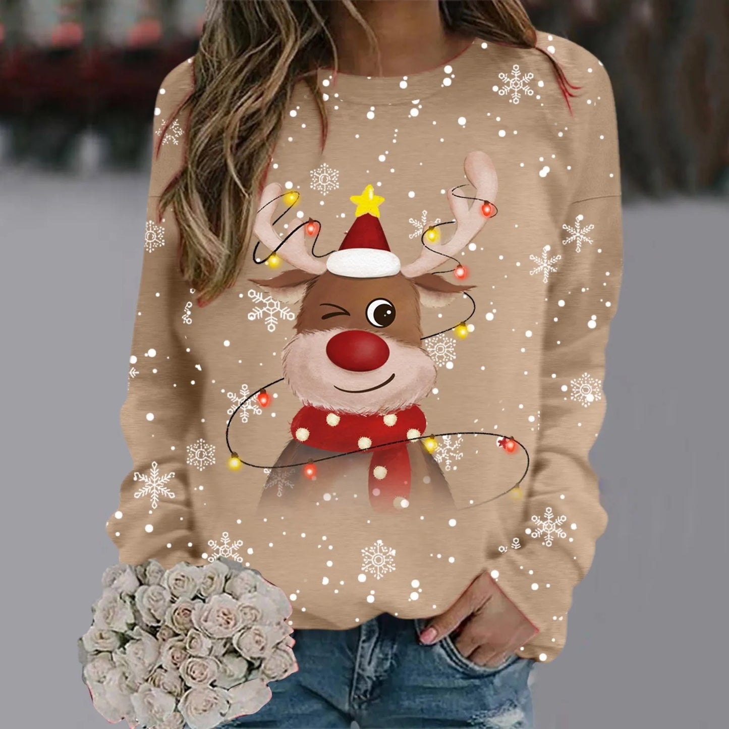 Weihnachtspullover Damen Weich 3D Rentier Design