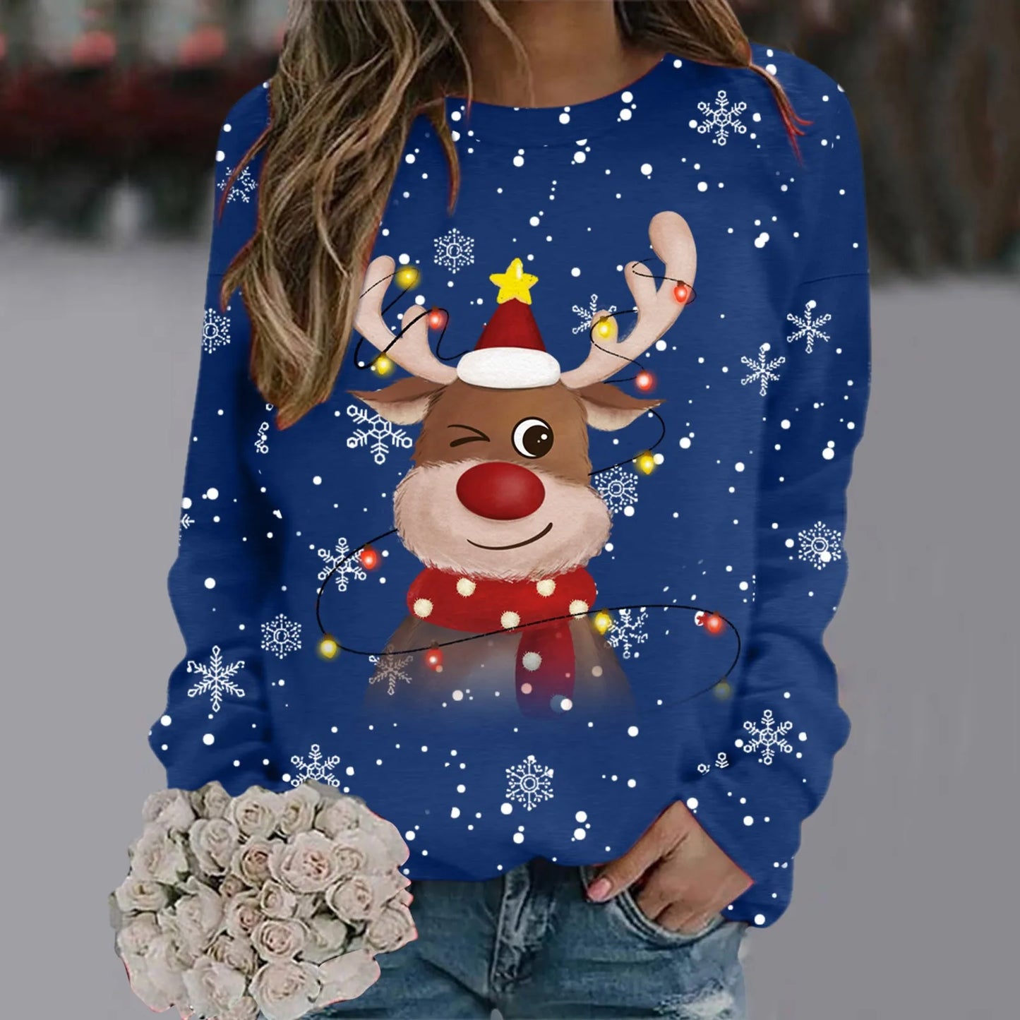 Weihnachtspullover Damen Weich 3D Rentier Design