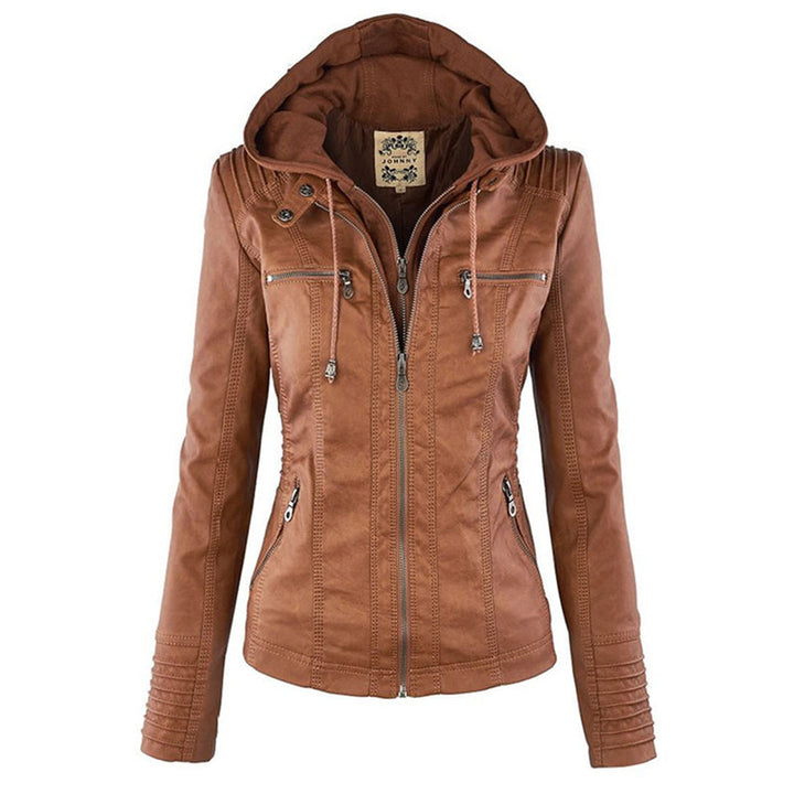 Wasserdichte Lederjacke Damen Elegant Abnehmbares Kapuzen