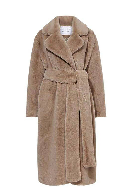 Damen Imitationsfell Jacke Lang Elegant Gürtel
