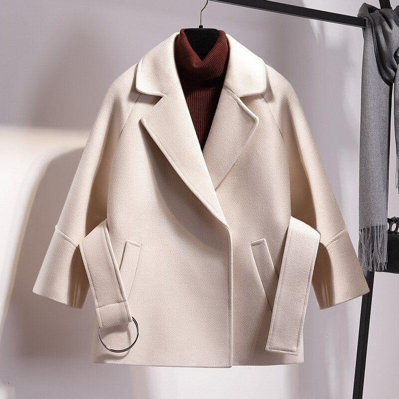 Damen Kurzparka Woll Winterjacke Breiter Gürtel