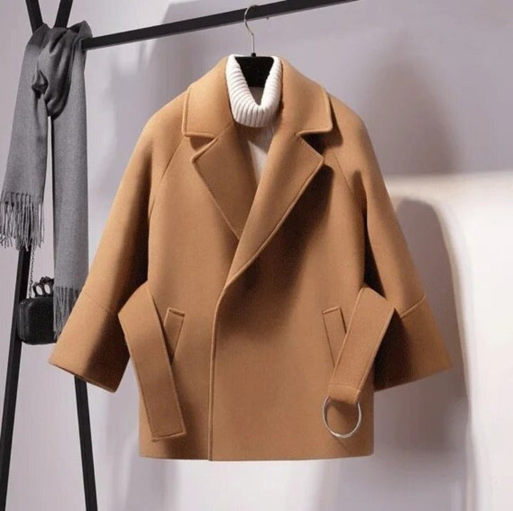 Damen Kurzparka Woll Winterjacke Breiter Gürtel