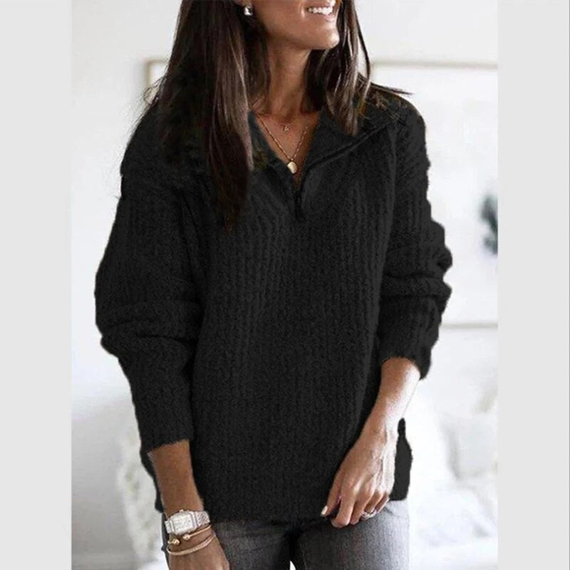 Damen Pullover Bequem Zip V-Ausschnitt