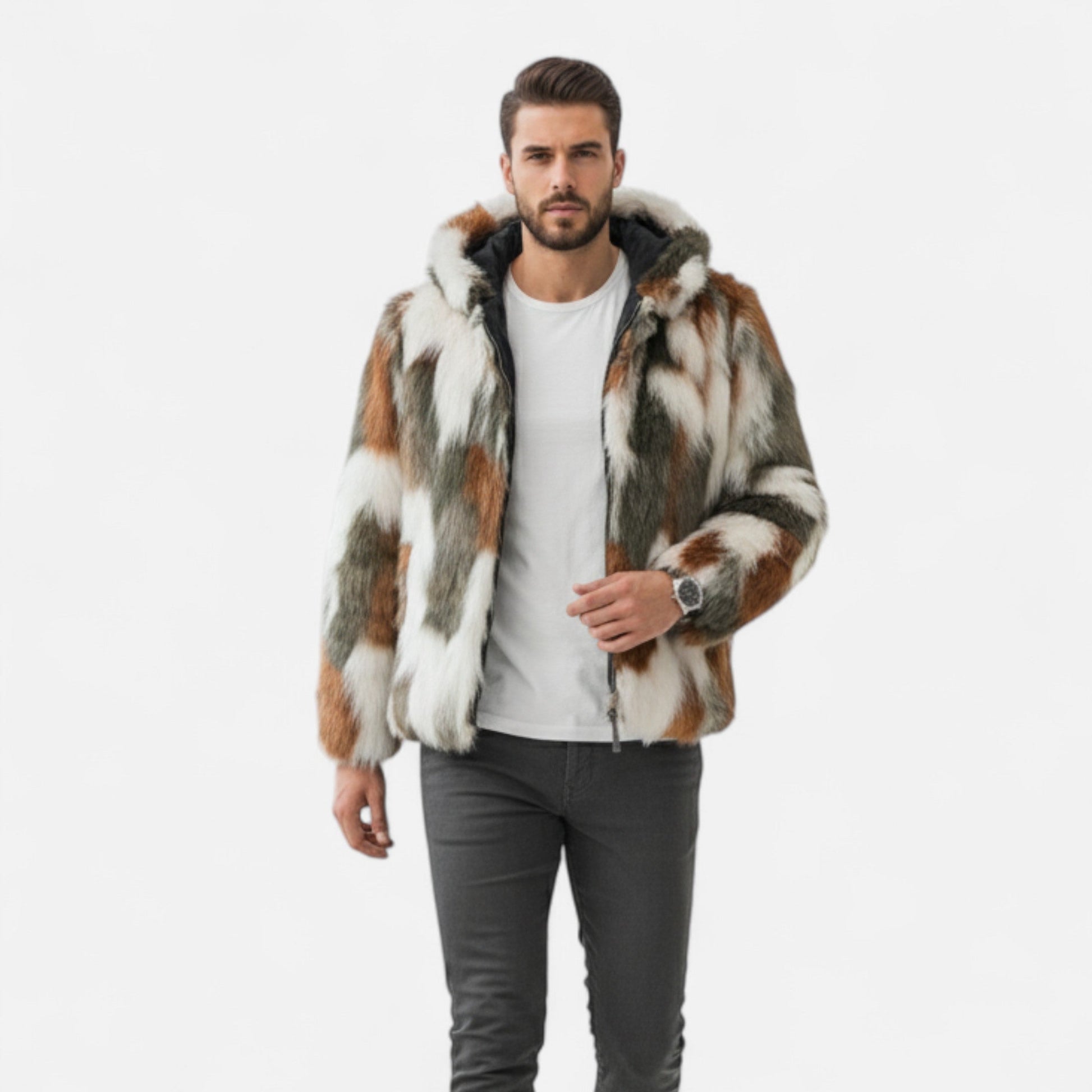 Herren Kunstpelz-Mantel Warm mit Kapuze - IdealeKleiden
