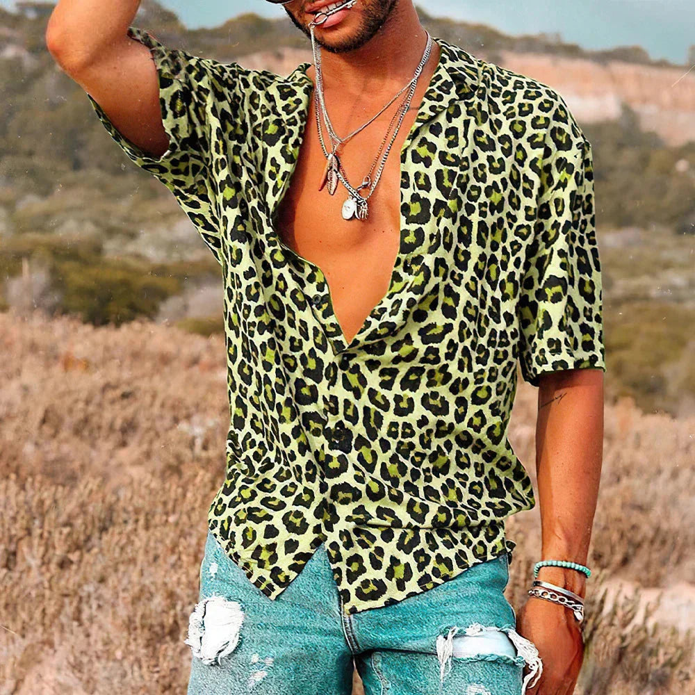 Herren Sommerhemd Leopard Muster Kurzarm