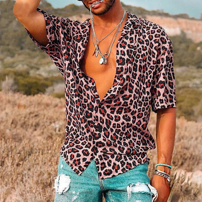 Herren Sommerhemd Leopard Muster Kurzarm