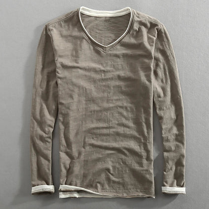 Herren Leinen T-Shirt Langarm V-Ausschnitt