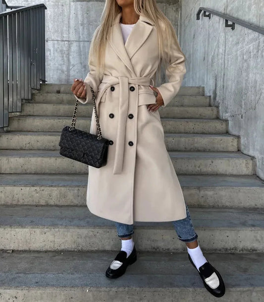 Damen Wintermantel Lang Wolljacke Reverskragen - IdealeKleiden