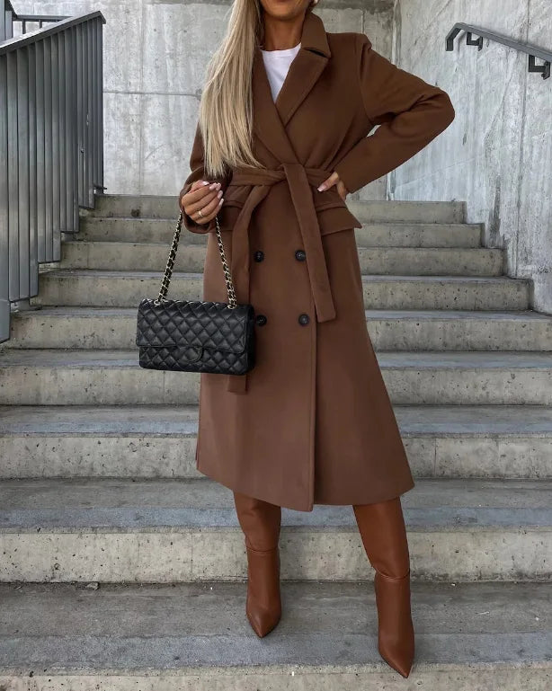 Damen Wintermantel Lang Wolljacke Reverskragen