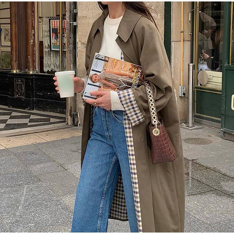 Damen Trenchcoat Elegantes Design Karo Futter