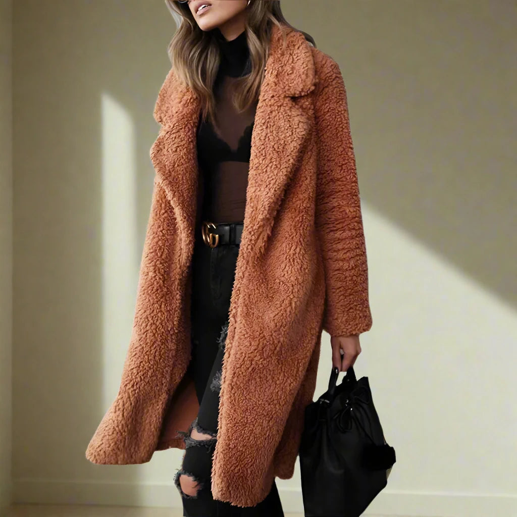 Damen Kunstfell Jacke Lang Elegant Reverskragen