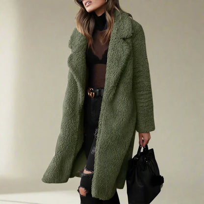Damen Kunstfell Jacke Lang Elegant Reverskragen