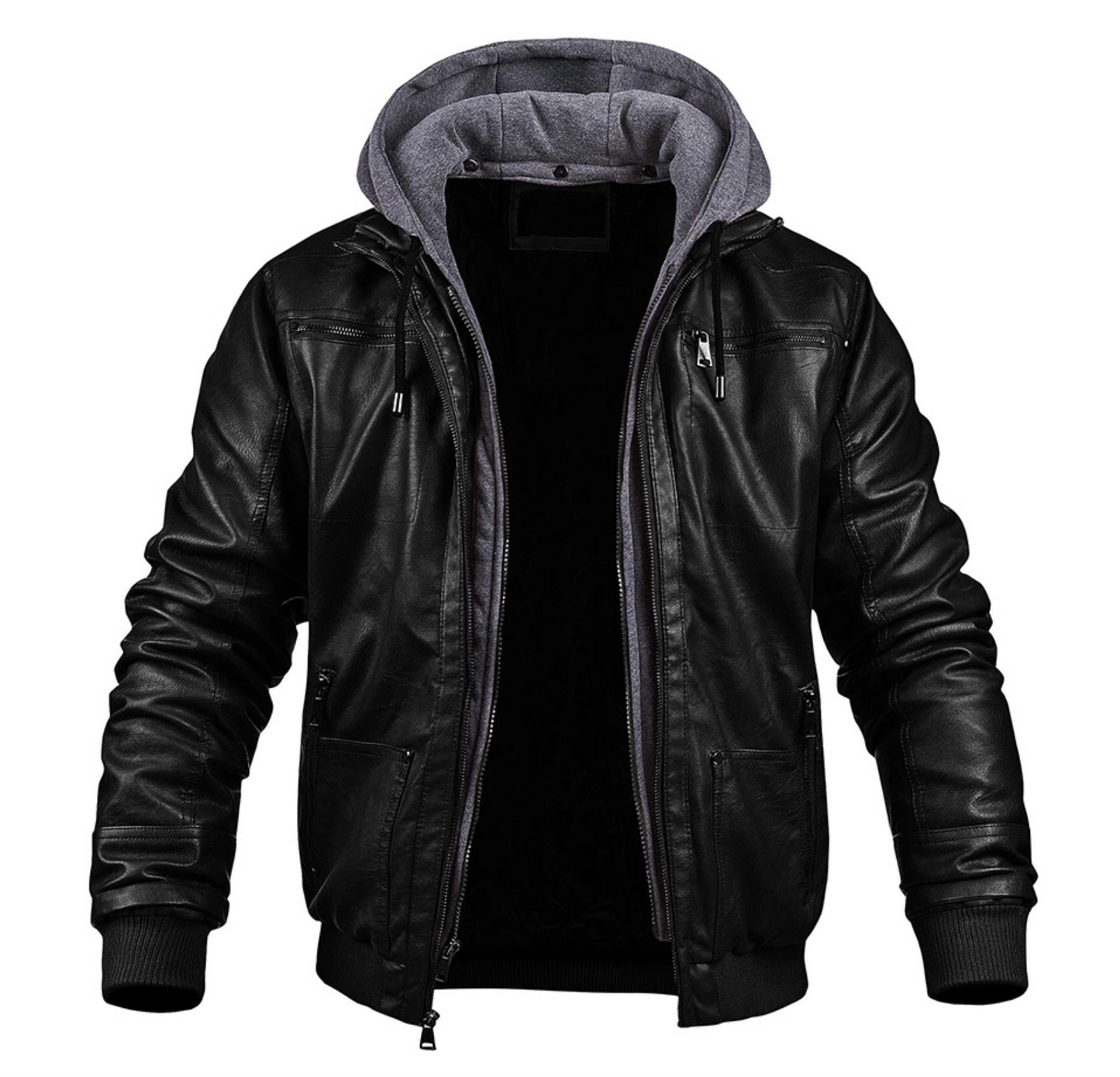 Herren Lederjacke Winter Kapuze Reißverschluss - IdealeKleiden