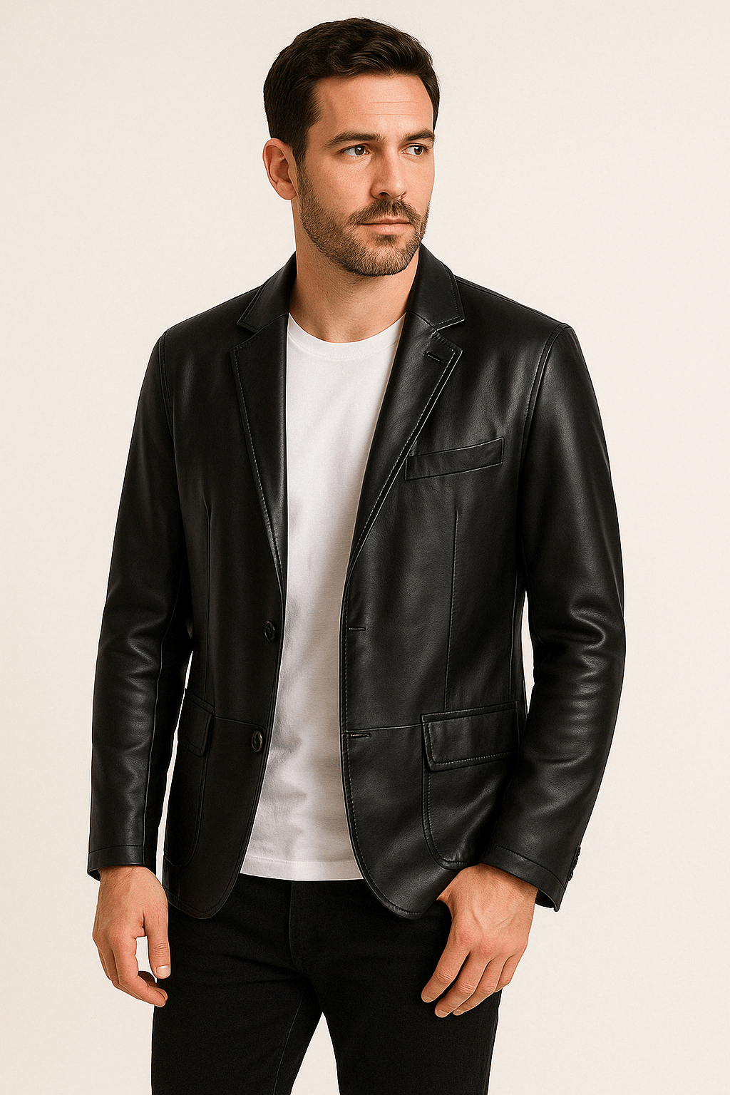 Lederjacke Herren - Schwarz Kunstleder Reversjacke - IdealeKleiden