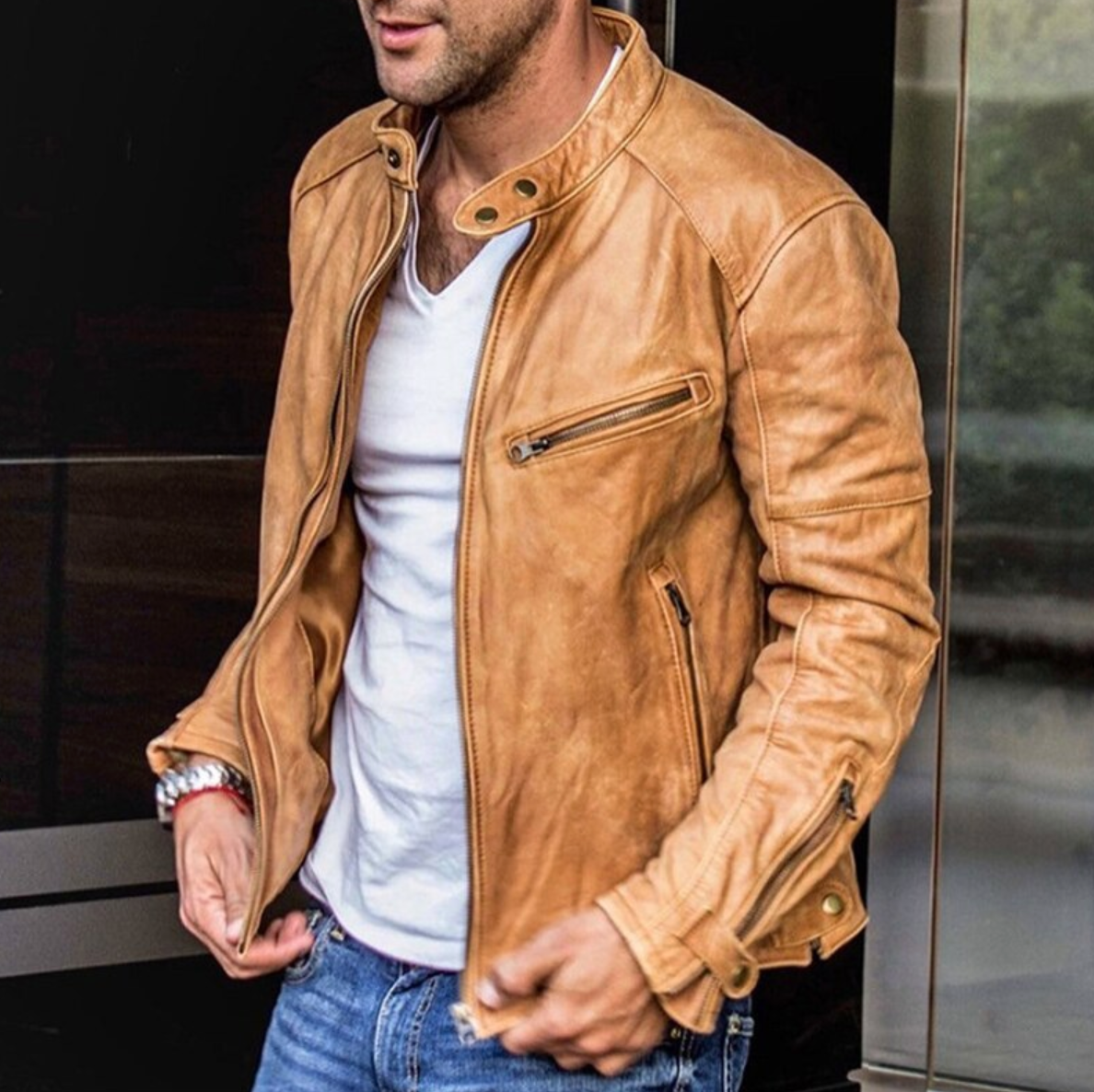 Herren Lederjacke Biker Style Reißverschluss