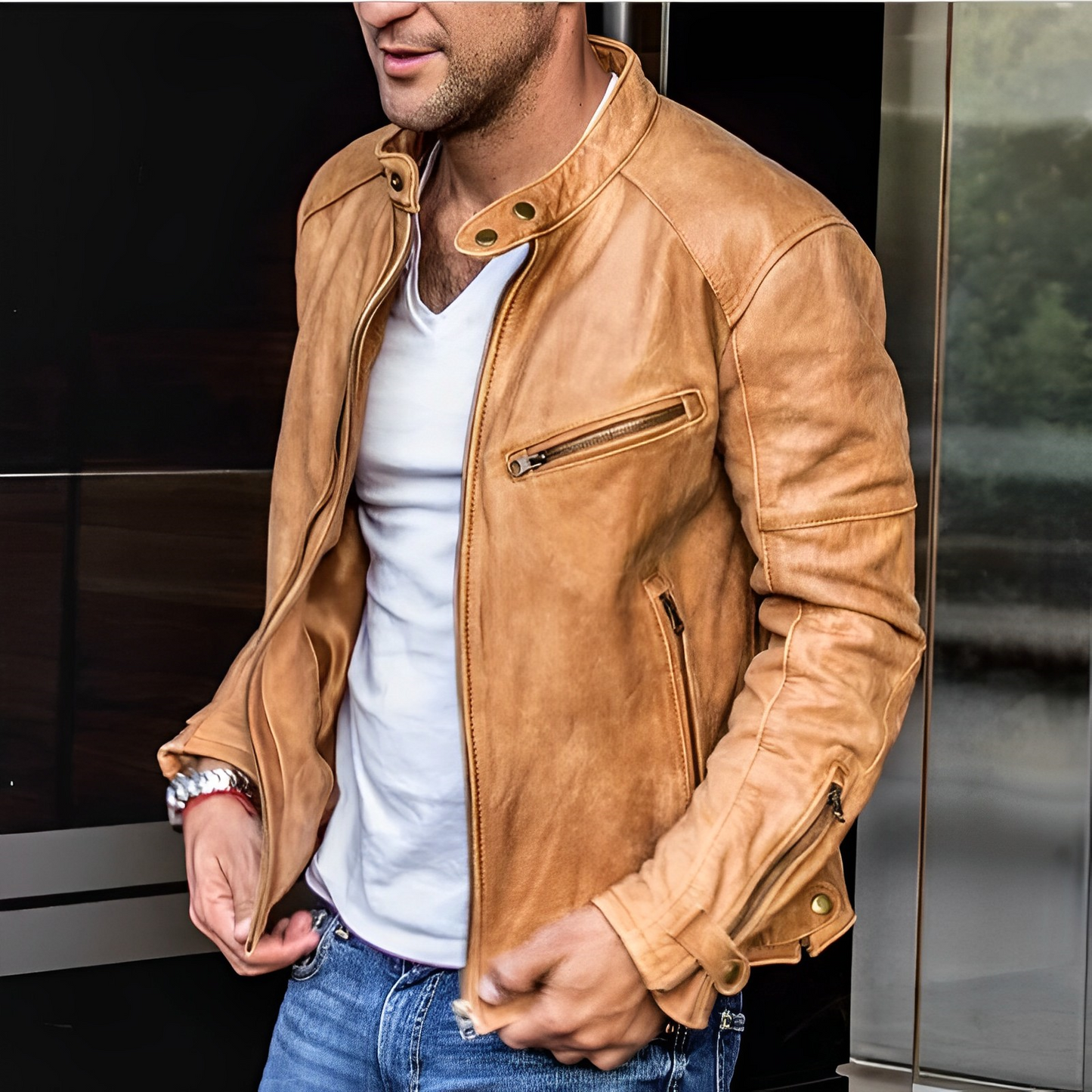 Herren Lederjacke Biker Stil Reißverschluss