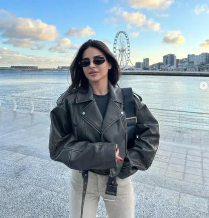 Übergroße Cropped Lederjacke Damen Gürtel Look
