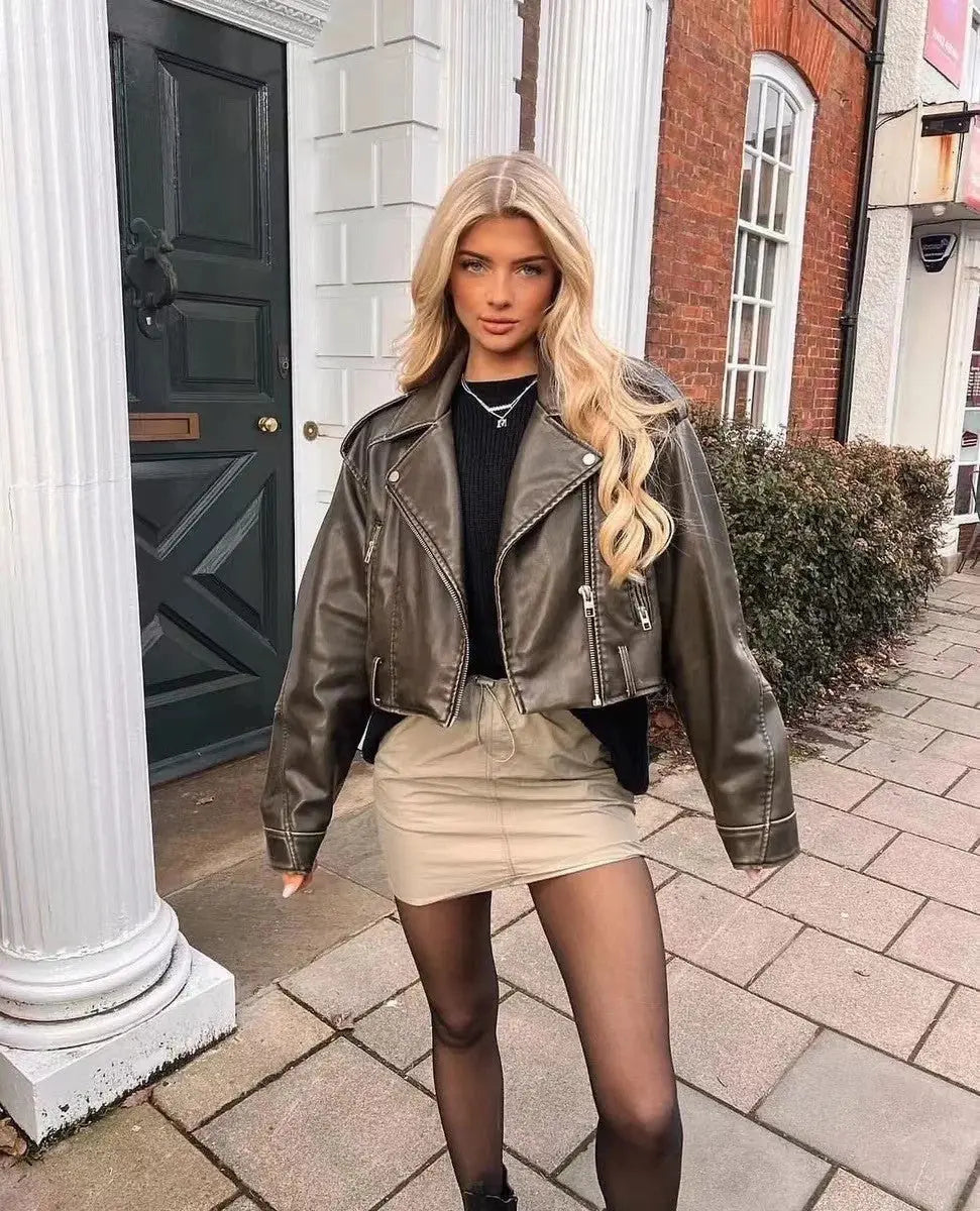 Übergroße Cropped Lederjacke Damen Gürtel Look