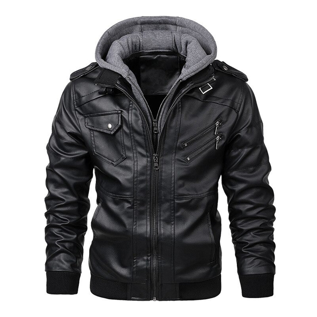 Leder Bikerjacke Herren Kapuze Reißverschluss - IdealeKleiden