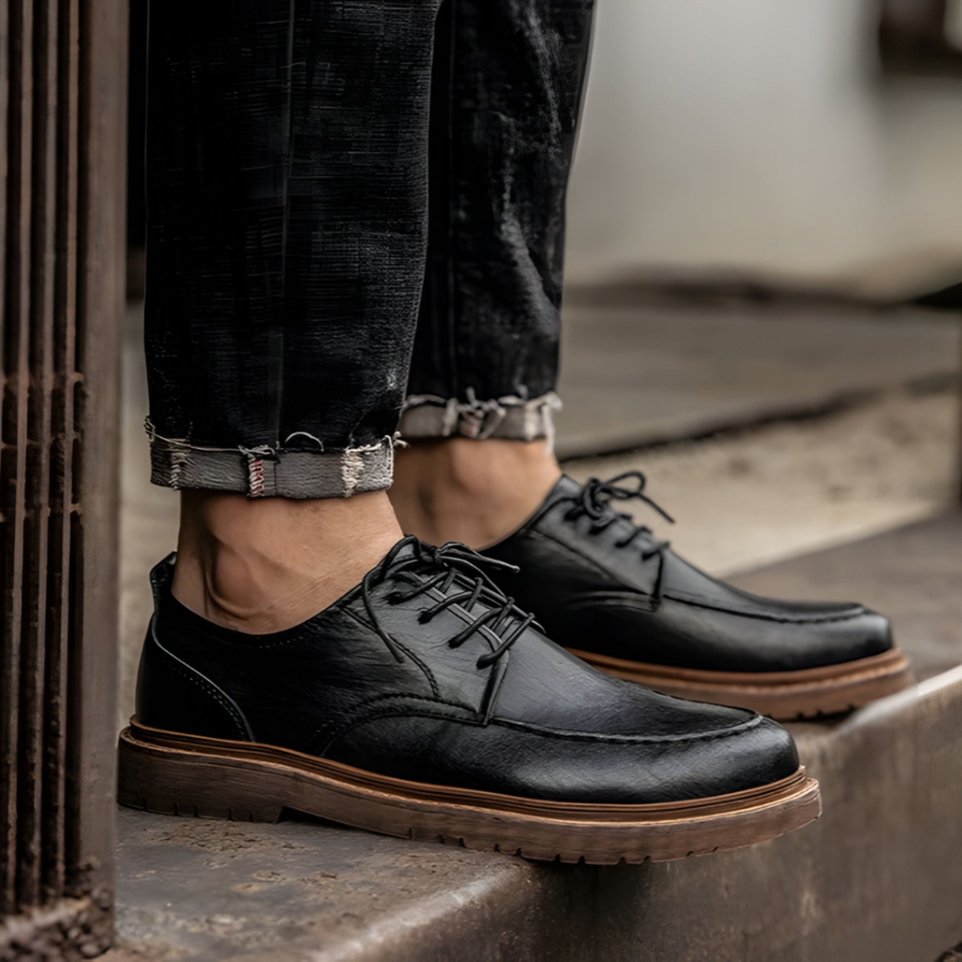 Herren Lederschuhe Braun Schwarz Chunky Style - IdealeKleiden