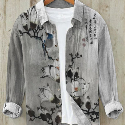 Herren Leinenhemd Langarm Modern Bedruckt