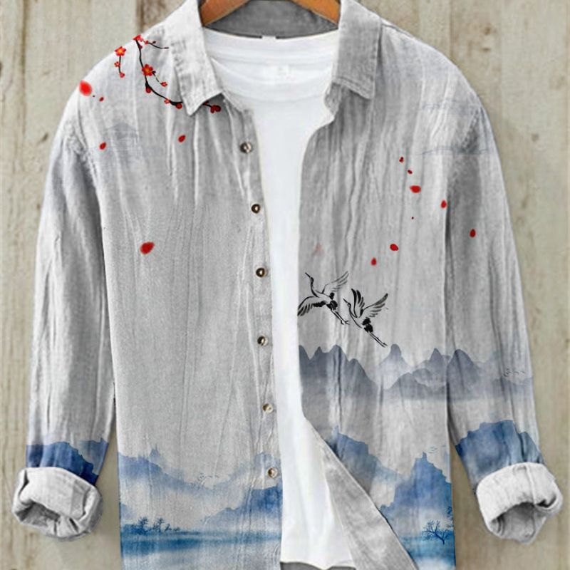 Herren Leinenhemd Langarm Modern Bedruckt