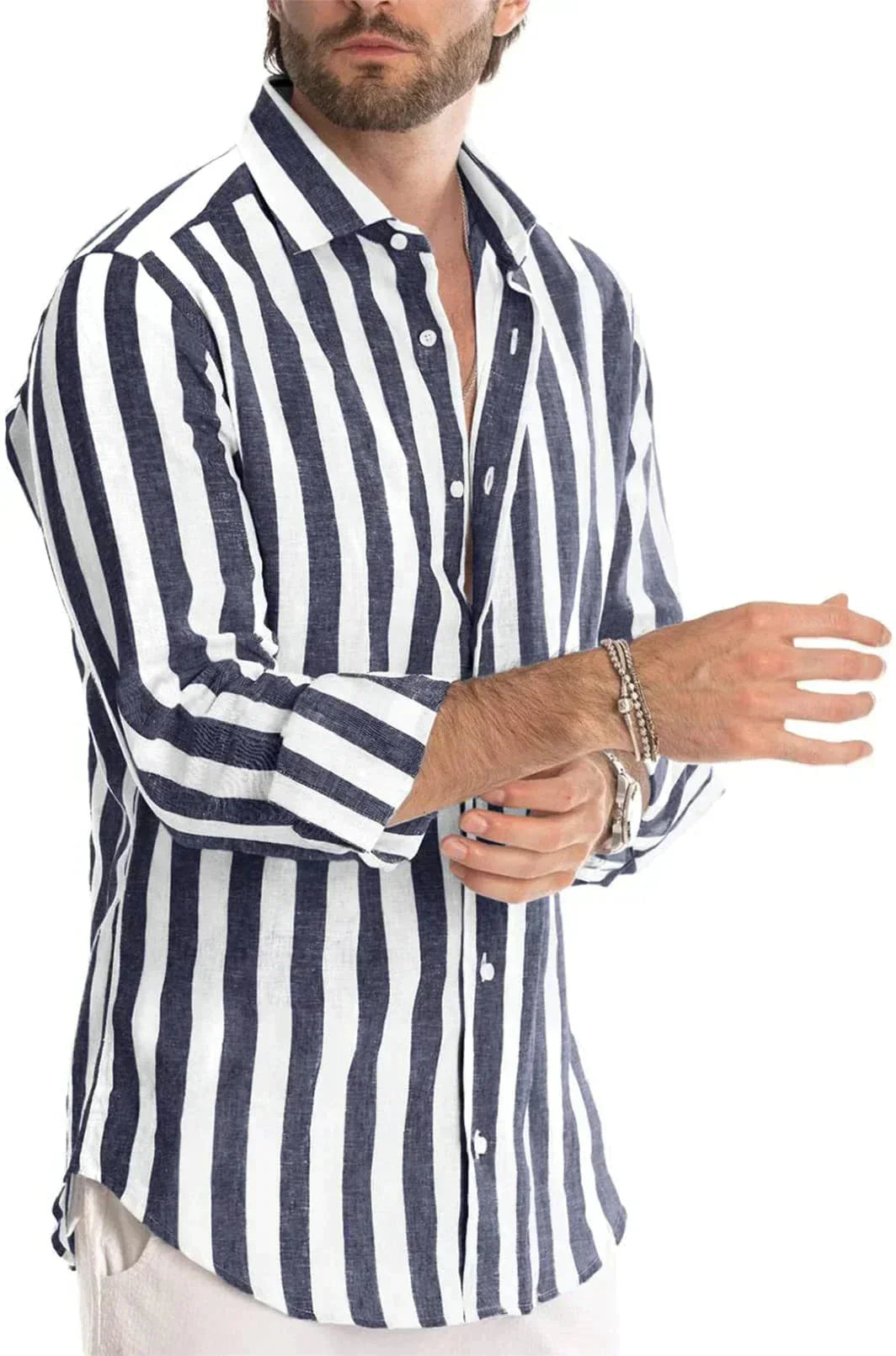Herren Leinenhemd Streifen Langarm