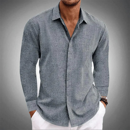 Herren Leinenhemd Langarm Kragen Knöpfe Elegant