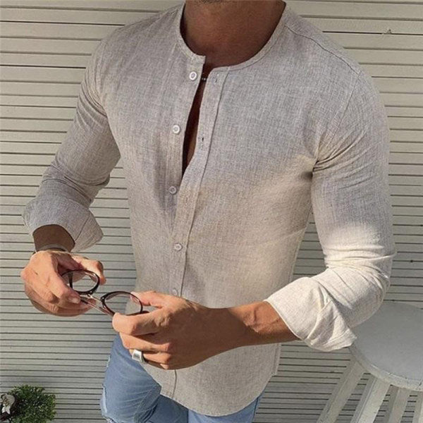 Slim Fit Herren Leinenhemd Langarm Knöpfe