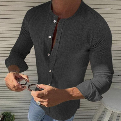 Slim Fit Herren Leinenhemd Langarm Knöpfe