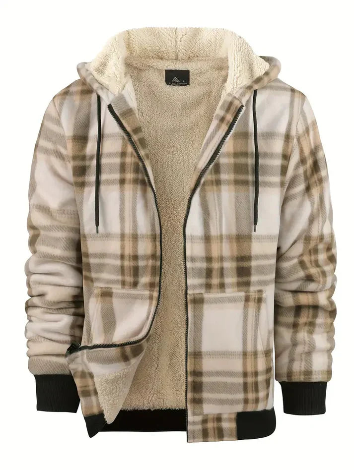 Herren Winterjacke Fleece Kapuze Warm Kariert