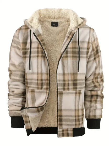 Herren Winterjacke Fleece Kapuze Warm Kariert