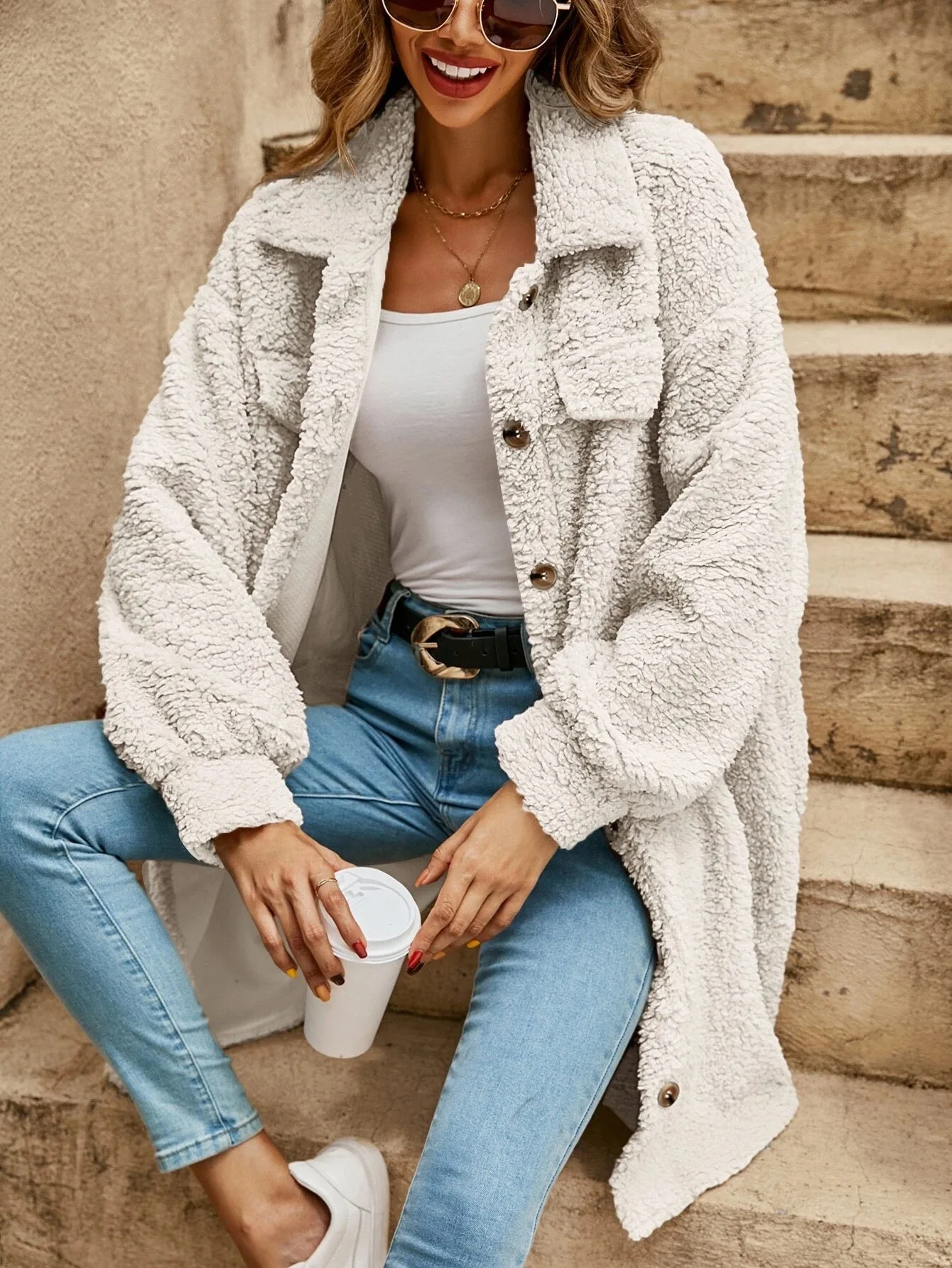 Damen Teddy Cardigan Langärmlig Knopfverschluss