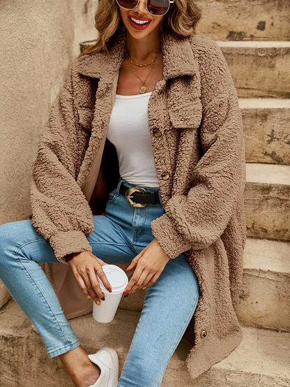 Damen Teddy Cardigan Langärmlig Knopfverschluss