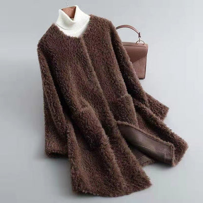 Damen Winterjacke Shearling Mantel Mit Taschen