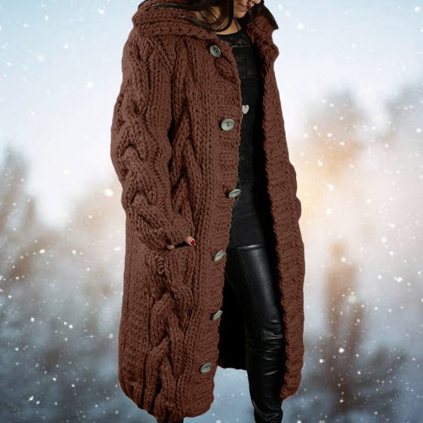 Winterstrickjacke Lang mit Zopfmuster Warm Acrylwolle