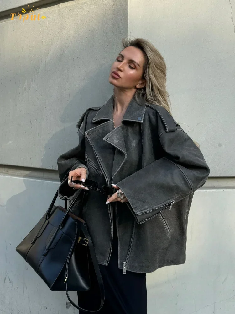 Lederjacke Freizeit Style Reißverschluss Taschen - IdealeKleiden