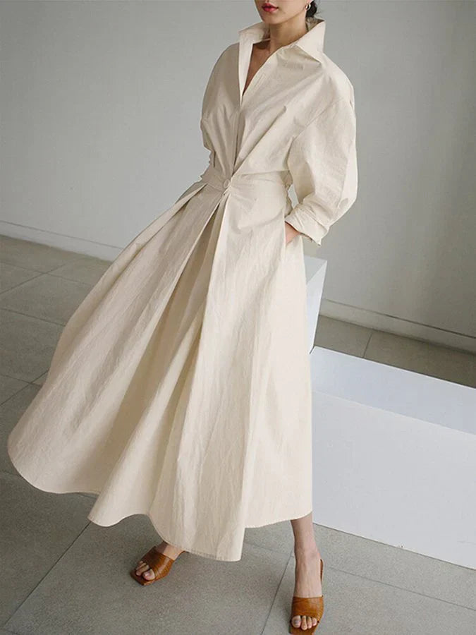 Elegantes Damen Maxi-Kleid mit Kragen und Chic-Falten - IdealeKleiden