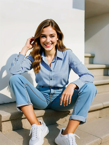 Mode Bluse Streifen Langarm Lässig Chic