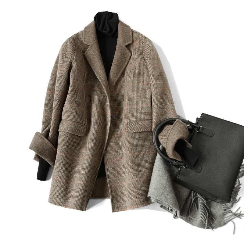Damen Wolljacke Karo Muster Reverskragen Winter