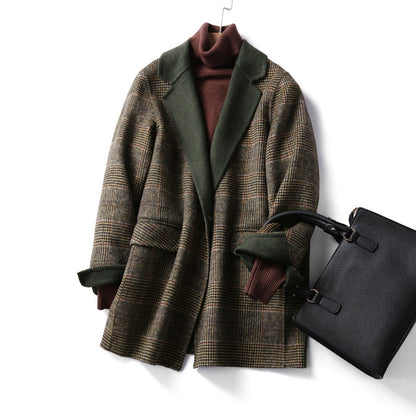 Damen Wolljacke Karo Muster Reverskragen Winter