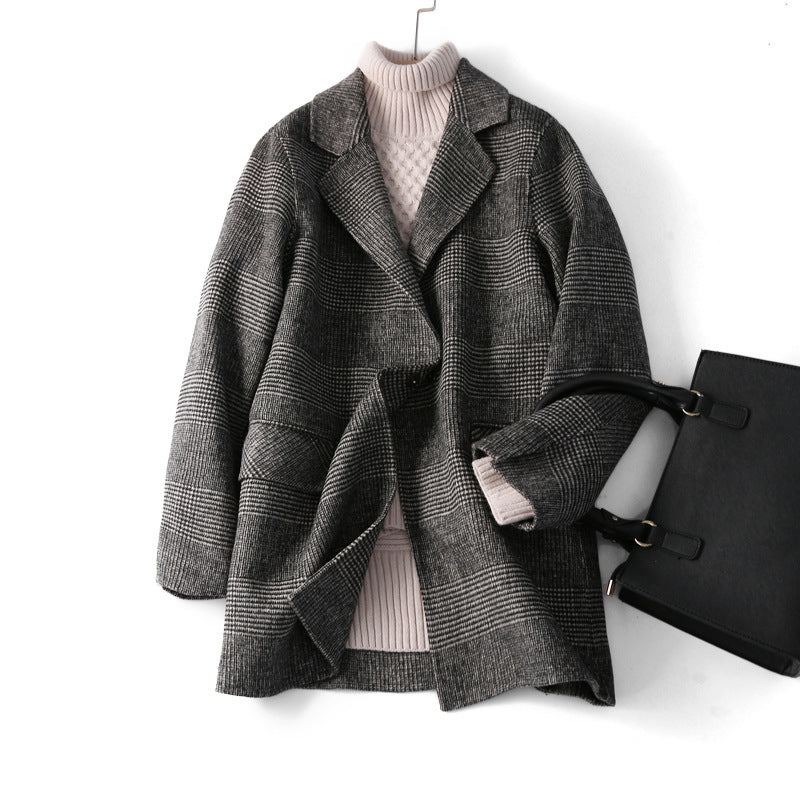 Damen Wolljacke Karo Muster Reverskragen Winter