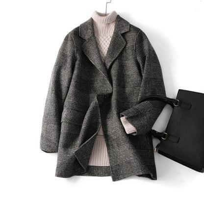 Damen Wolljacke Karo Muster Reverskragen Winter
