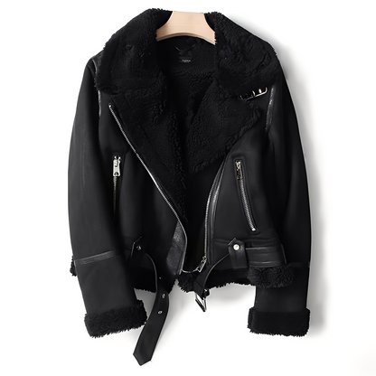 Lederjacke Damen | Warme Schaffell-Bikerjacke Frauen