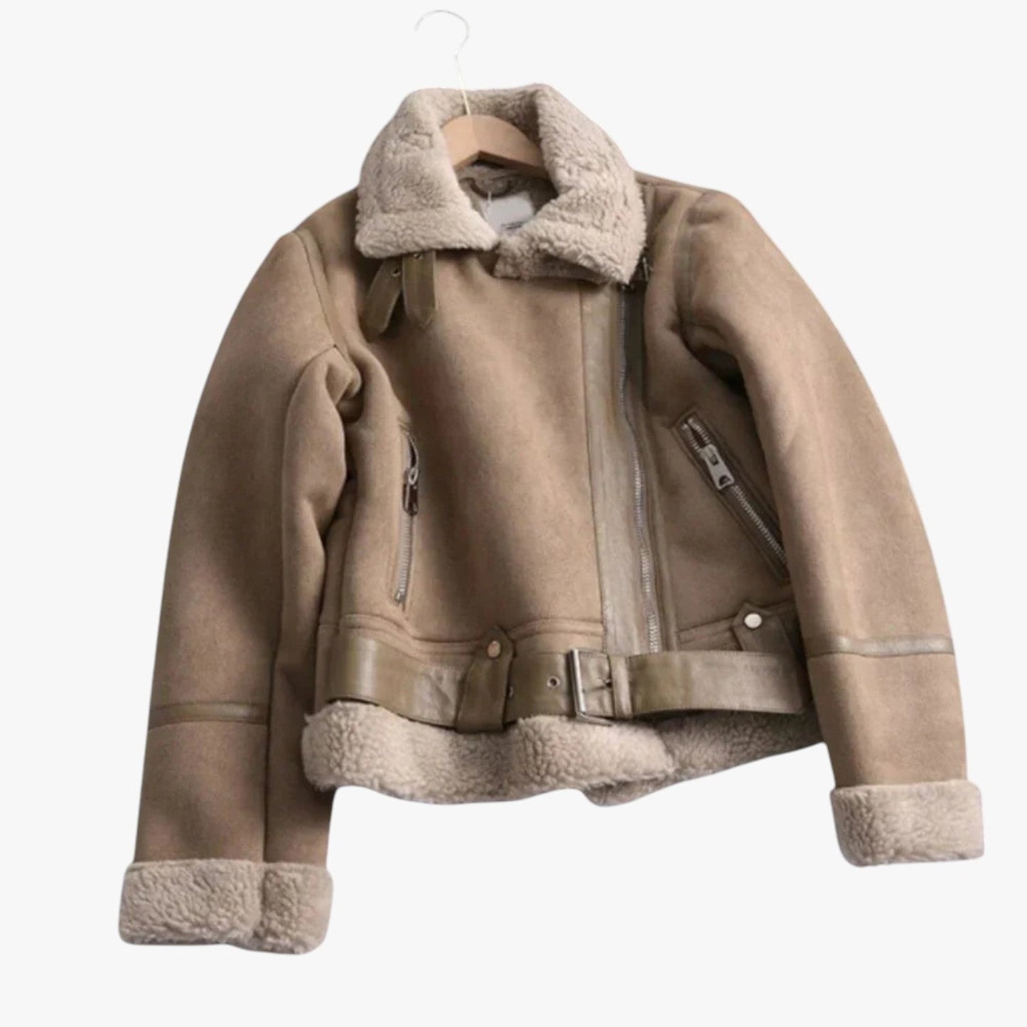 Damen Bikerjacke Warm Teddy Leder Look