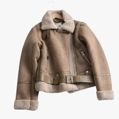 Damen Bikerjacke Warm Teddy Leder Look