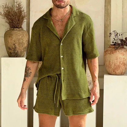 Lässiges Hemd-Shorts-Set Herren Waffelstrick Sommer