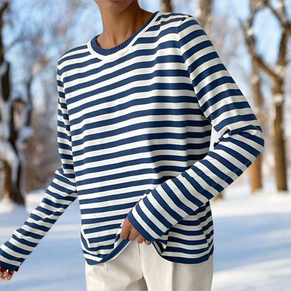 Bequemes Langarm-Shirt Streifen Rundhals Baumwolle