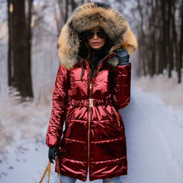 Frauen Winterjacke Warm Kapuze Glanzstoff