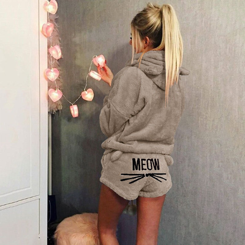 Weiches Damen-Pyjama-Set mit Kapuze Fleece